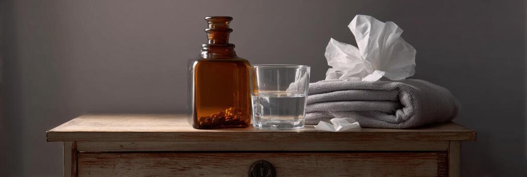 Setting on a Nightstand With a Medicine Bottle, Used Tissues, Glass of Water, and Minimal Background Creating a Calming Atmosphere photo