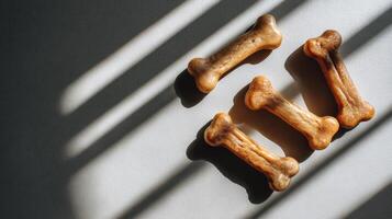 Dog Bone Treats Arranged in Natural Sunlight Creating Diagonal Shadows on a Flat Surface photo