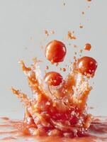 Tomato Sauce Splash Creates Dynamic Motion Against a Bright Background With Clear Space Above photo