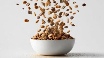 Dry Food Cascades Into a White Bowl, Capturing Motion and Texture Against a Light Background in a Lively Depiction of Pouring Action photo