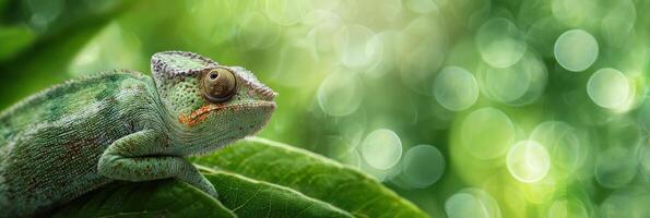 Chameleon Seamlessly Blending Into Vibrant Green Foliage Under Soft Bokeh Light in a Natural Setting photo