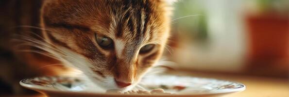 Cat Enjoying Gourmet Food on a Porcelain Dish With a Soft Background in a Cozy Indoor Setting photo