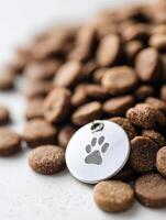 Closeup of Grain-Free Dog Kibble With Neutral Surroundings Showcasing Quality Pet Nutrition photo