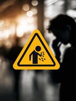 Warning Icon Displayed Over Blurred Figure of a Sneezing Person in a Crowded Area Indicating a Health Alert During Flu Season photo