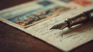 Elegant Pen Poised Above Vintage Postcard With Ample Space for Thoughtful Message photo