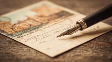 Vintage Postcard and Pen Ready for a Heartfelt Message in a Nostalgic Setting With Warm Tones Inspired by History photo