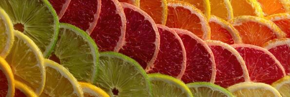 Mosaic of Sliced Citrus Fruits Arranged in a Colorful Semi-Circle Design With Vibrant Hues Showcasing Fresh Produce photo