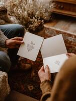 In a Warm Boho Atmosphere, Two Individuals Share Their Drawings, Highlighting Creativity and Connection, Surrounded by Comfortable Decor and Natural Elements photo