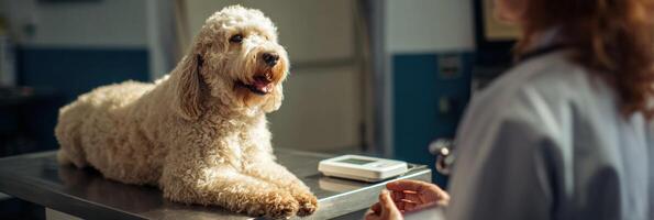 Dog is Praised by Veterinarian While Sitting Calmly on Clinic Scale During Routine Checkup in Well-Lit Veterinary Office photo