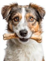 Dog Enjoys Chewing on a Bone in a Clean Setting With Space for Text Above photo