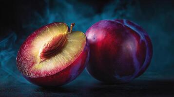 Ripe Plum With Glowing Sliced Core Set Against a Mystical Blue Backdrop Showcasing Natural Beauty and Vibrant Colors photo