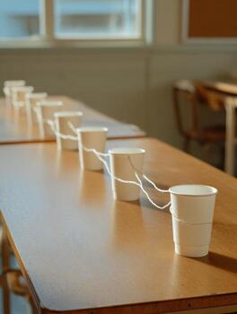 Creative Communication Method Using Paper Cups and String Connects Desks in a Bright Classroom Setting to Encourage Playful Interaction Among Students photo