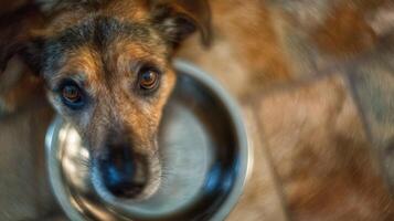 Reflection of a Dog in a Stainless Steel Bowl on a Blurred Floor During a Quiet Moment at Home photo