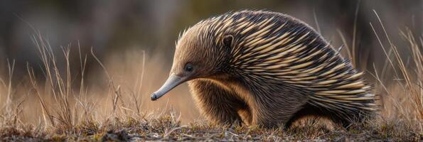 Long-beaked Echidna Foraging in Dry Grass With Soft Evening Light Illuminating Its Quills photo