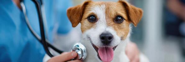 Happy Dog Enjoys a Check-Up at Veterinary Clinic While Vet Holds Stethoscope and Smiles in Bright, Clean Environment photo