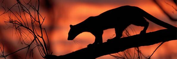 Fossa Gracefully Moves Along a Branch Against a Vibrant Sunset Glow in a Natural Setting photo