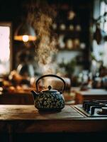 Cozy Kitchen With Steaming Herbal Tea Kettle and Inviting Atmosphere in Warm Evening Light photo
