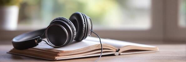 Headphones Resting on an Open Notebook Symbolize the Art of Listening in a Calm and Focused Space photo