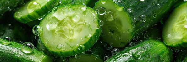 Fresh Cut Cucumbers Showcase Vibrant Green Colors and Glistening Droplets, Perfect for Refreshing Salads or Garnishes in Summer Dishes photo