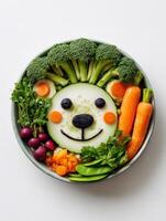 Creative Vegetable Art Featuring a Playful Dog Face in a Bowl With a White Top Margin photo