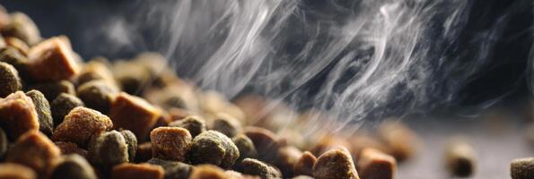 Closeup of Steaming Pet Food Showcasing Texture and Details on a Soft Background photo