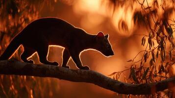 Fossa Gracefully Moves Along a Tree Branch During a Dramatic Sunset in a Vibrant Natural Habitat photo