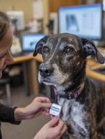 Vet Places Microchip in Dogs Neck With Tech Tools Blurred in Background During a Routine Veterinary Check-Up photo