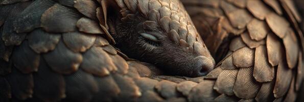 Pangolin Curled Into a Protective Ball Under Soft Light in a Tranquil Environment, Perfect for Conveying Warmth and Serenity photo
