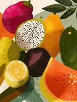 Tropical Fruit Composition With Vibrant Colors and Textured Overlay Creating a Colorful Display for Summer Vibes photo
