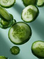 Cucumber Slices Float Gently Against a Soft Background, Creating a Serene Visual Experience Perfect for Wellness and Refreshment Themes photo