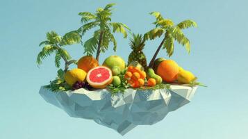 Floating Island Features Tropical Fruits and Palm Trees in a Low-Poly 3D Design Under a Clear Blue Sky photo