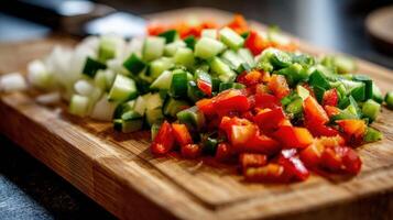Freshly Chopped Vegetables on a Wooden Cutting Board, Ready for Cooking in a Kitchen Setting photo