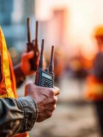 Teamwork in Action as Man Communicates Using Walkie-Talkie on Construction Site During Sunset With Blurred Background and Side View Composition photo