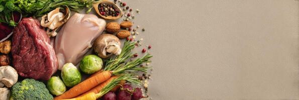 Premium Meat and Fresh Vegetables for Pets Displayed on a Neutral Background With Ample Upper Margin Space for Branding or Text photo