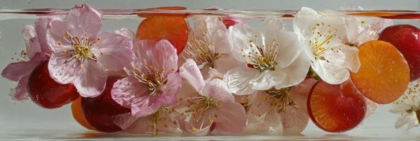Cherry Blossoms Float Over Vibrant Fruit Slices in a Serene Water Setting, Creating a Poetic Natural Composition photo