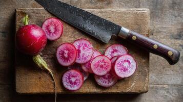 Delicately Sliced Radish Resting on Wooden Cutting Board With Knife Resting Beside It After Preparation photo
