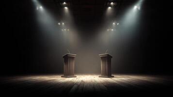 Political Debate Stage Setup With Spotlights Illuminating Empty Podiums in a Spacious Venue photo