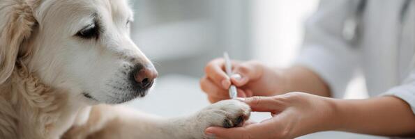 Vet Trimming Dogs Nails in a Modern Clinic With a Soft-Focus Background Creating a Calm Environment for the Pet photo