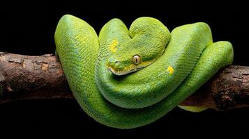 Bright Green Tree Python Resting on a Branch With a Dark Background Showcasing Its Vibrant Colors and Intricate Patterns photo