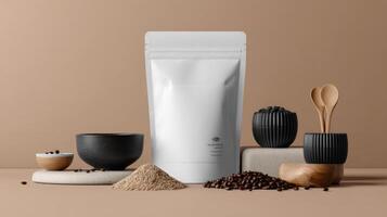 Minimalist Packaging Pouch Mockup With Coffee Elements on a Neutral Backdrop, Styled With Props for Branding photo