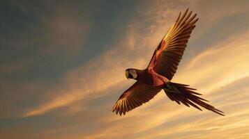 Macaw Soaring Gracefully Through a Vibrant Sunset Sky With Soft Clouds on the Horizon photo