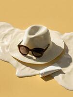 Creative Minimal Clay Style Representation of a UV Safety Concept Featuring a Hat, Sunglasses, and Cream on a Warm Background photo