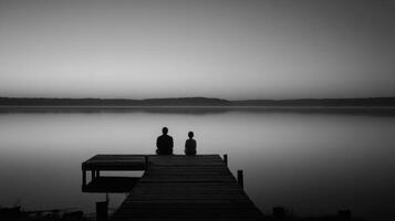 Father and Teenager Share a Quiet Moment on a Dock by the Tranquil Lake at Dusk, Enjoying a Peaceful Reflection Together photo