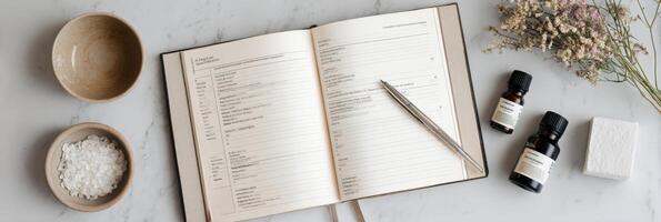 Home Remedy Journal Open to Cold Recovery Page With Flat Lay Arrangement of Ingredients and Tools for Natural Healing Methods photo
