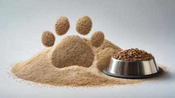 Creative Grain Pile Shaped Like a Paw Next to a Food Bowl on a Light Background photo