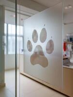 Dog Paw Print on Glass Wall in Veterinary Clinic Showcasing Interior Environment and Minimalistic Design photo