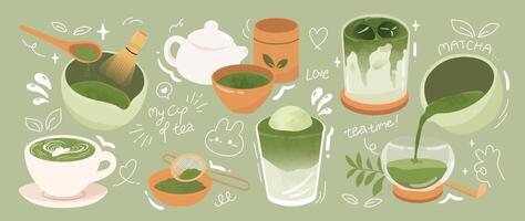 Matcha tea preparation and serving elements vector