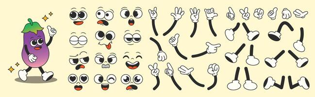 Cartoon eggplant with facial expressions vector