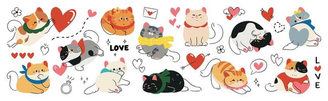 Cute cats with hearts and love illustrations vector