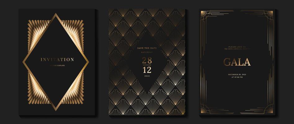 Luxury invitation card background . Golden elegant wavy gold line pattern on black background. Premium design illustration for wedding, vip cover template, grand opening, flyer.
